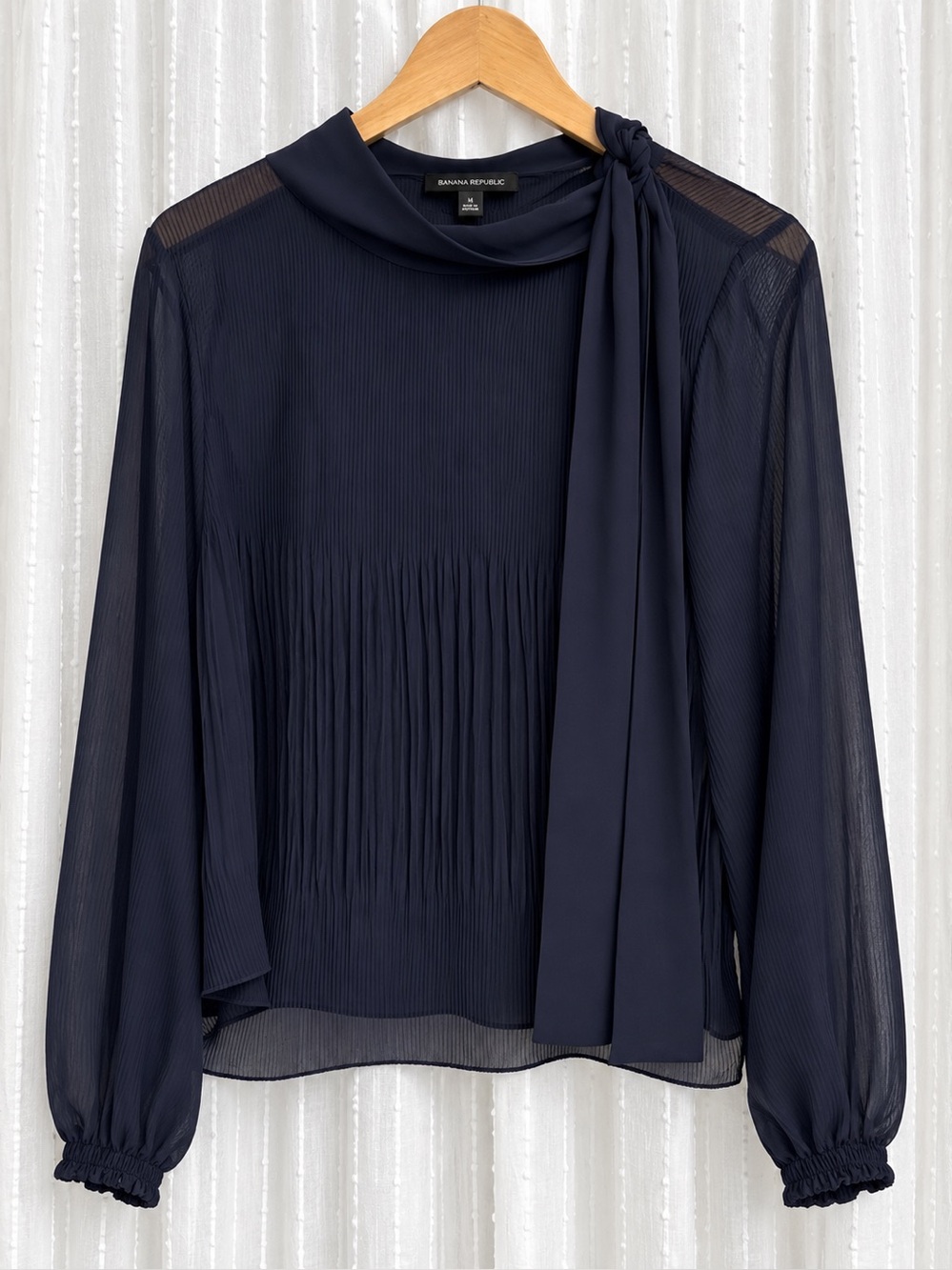 Banana Republic Navy Sheer Pleated Tie-Neck Blouse